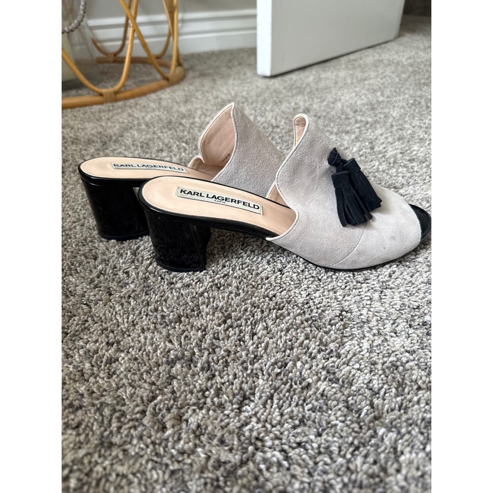 Karl Lagerfeld Paris Suede Tassel Mule Heels Gray Black Womens - Picture 5 of 6